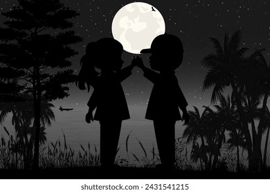 cute couple child silhouette landscape