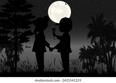 cute couple child silhouette landscape