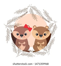 cute couple of chipmunk with wreath