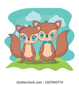 cute couple chipmunks characters vector illustration