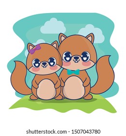 cute couple chipmunks characters vector illustration