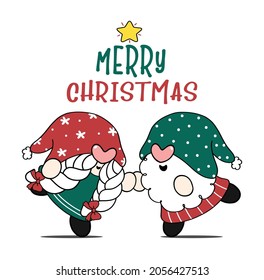 cute couple Christmas Gnome boy and girl dancing, Merry Christmas greeting card idea, cartoon doodle flat vector