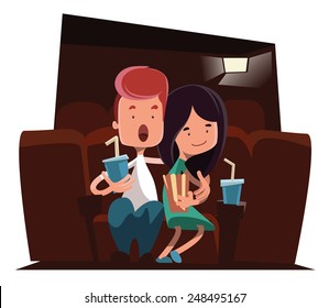 Cute couple at cinema theatre vector illustration cartoon character