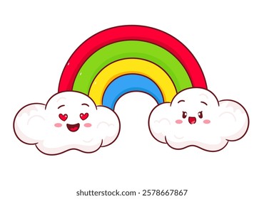 Cute couple clouds in love with colorful rainbow. weather concept design. Vector art illustration