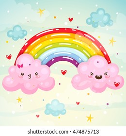 Cute couple clouds and a rainbow, vector. 