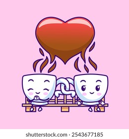 Cute Couple Coffee Cup Sitting Together Cartoon Vector Icon Illustration. Drink Holiday Icon Concept Isolated Premium Vector. Flat Cartoon Style