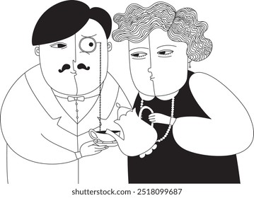 Linda pareja con café. Personajes divertidos. Estilo de historieta. Dibujado a mano monocromo Ilustración vectorial de moda. Elementos de diseño aislados. Concepto de cafetería