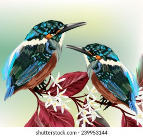 Cute couple of colorful birds sit on a branch