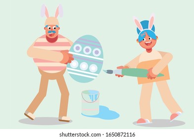 A cute couple coloring a big egg, Happy Easter day theme. Simple vector illustration, this illustration can use as a sticker also. 
