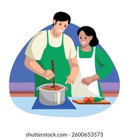 Cute couple cooking in kitchen flat style illustration