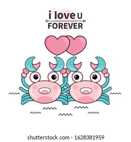 Cute  couple crab in cartoon style for Happy Valentine's greeting card.