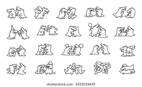 Cute couple crocodile characters. Coloring Page. Funny friends alligator cartoon animal. Hand drawn style. Vector drawing. Collection of design elements.