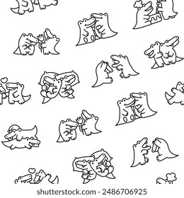 Cute couple crocodile characters. Seamless pattern. Coloring Page. Funny friends alligator cartoon animal. Hand drawn style. Vector drawing. Design ornaments.