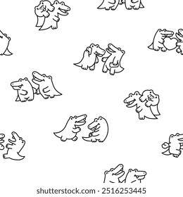 Cute couple crocodile characters. Seamless pattern. Coloring Page. Funny friends alligator cartoon animal. Hand drawn style. Vector drawing. Design ornaments.