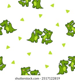 Cute couple crocodile characters. Seamless pattern. Funny friends alligator cartoon animal. Hand drawn style. Vector drawing. Design ornaments.