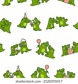 Cute couple crocodile characters. Seamless pattern. Funny friends alligator cartoon animal. Hand drawn style. Vector drawing. Design ornaments.