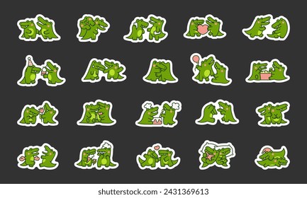 Cute couple crocodile characters. Sticker Bookmark. Funny friends alligator cartoon animal. Hand drawn style. Vector drawing. Collection of design elements.