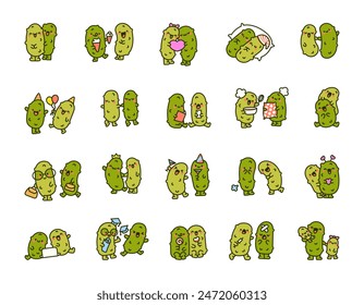 Cute couple of cucumbers. Funny cartoon characters. Hand drawn style. Vector drawing. Collection of design elements.