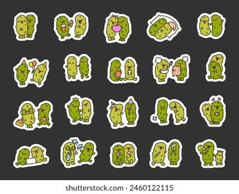 Cute couple of cucumbers. Sticker Bookmark. Funny cartoon characters. Hand drawn style. Vector drawing. Collection of design elements.