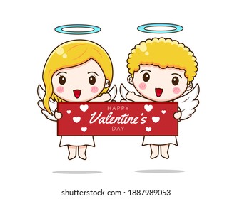 Cute couple cupid holding banner. Vector illustration of chibi character isolated on white background.