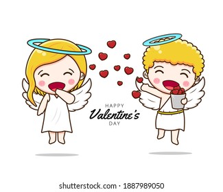 Cute couple cupid sharing love. Vector illustration of chibi character isolated on white background.