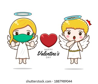 Cute couple cupid social distancing. Vector illustration of chibi character isolated on white background.