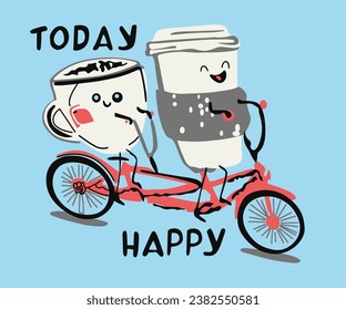 cute couple cups  riding bikes