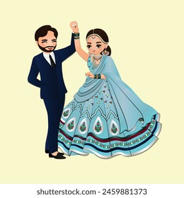 Linda pareja baila en el vestido tradicional indio personajes de dibujos animados novia y novio