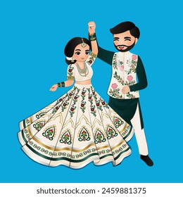 Linda pareja baila en el vestido tradicional indio personajes de dibujos animados novia y novio