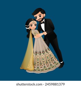 Cute couple  dance in traditional indian dress cartoon characters bride and groom