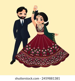 Linda pareja baila en el vestido tradicional indio personajes de dibujos animados novia y novio