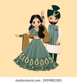 Cute couple  dance in traditional indian dress cartoon characters bride and groom