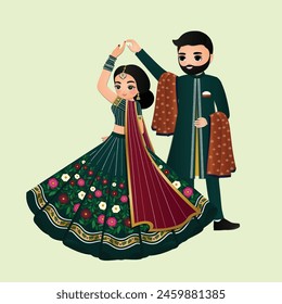 Cute couple  dance in traditional indian dress cartoon characters bride and groom