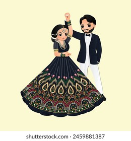 Linda pareja baila en el vestido tradicional indio personajes de dibujos animados novia y novio