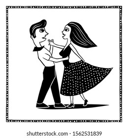 Cute couple dancing. Big party Festa junina traditional Brazilian woodcut style vector illustration