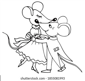 Cute couple is dancing. Black and white vector for coloring, for card or gift.