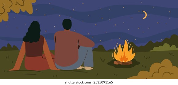 Cute couple at date stargazing banner concept. Beautiful night nature scenery. Hand drawn flat vector illustration.