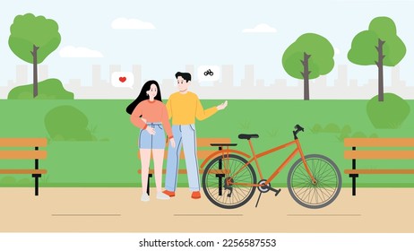 Cute couple dating at the park for riding bike. Boy and girl enjoying weekend in nature. Spending lovely time, vector illustration. 