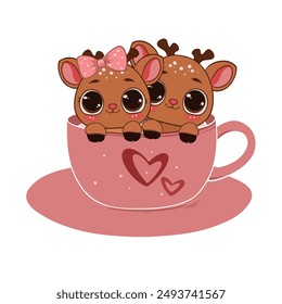 cute couple deer in coffee mug vector illustration