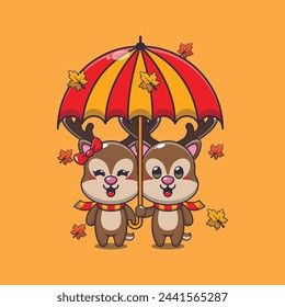 Cute couple deer with umbrella at autumn season. Mascot cartoon vector illustration suitable for poster, brochure, web, mascot, sticker, logo and icon.