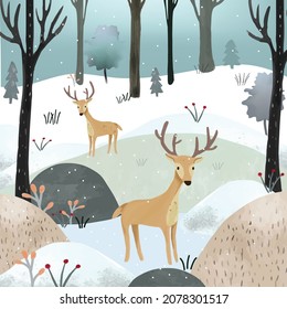 Dibujo de un par de ciervos en el bosque invernal
