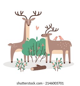 Cute Couple Of Deers In Love. Two Wild Animals With Summer Green Bush Isolated Concept. Valentine Characters For Print Template. Great For Nursery Decor, Kid Posters, Cards, Kid Textile. Vector Design