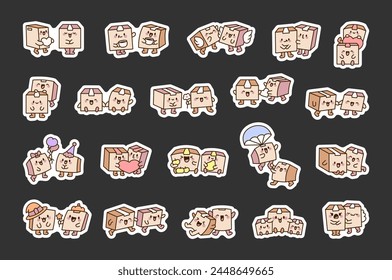 Cute couple of delivery boxes. Sticker Bookmark. Parcel character. Hand style. Vector drawing. Collection of design elements.