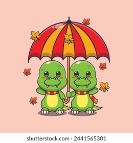 Cute couple dino with umbrella at autumn season. Mascot cartoon vector illustration suitable for poster, brochure, web, mascot, sticker, logo and icon.