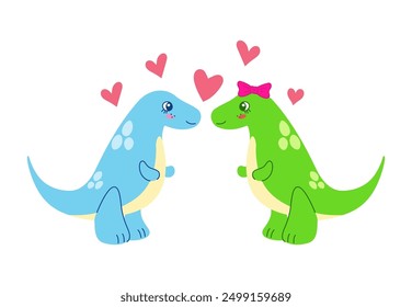 Linda pareja de dinosaurios con corazones. Ilustración de concepto de amor aislado