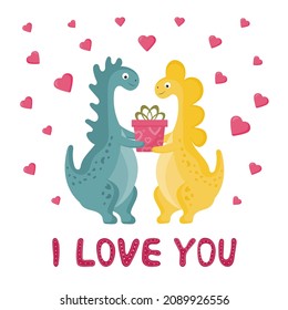 Cute couple of dinosaurs in love. Sweet romantic dino boy and girl with gifts. Cartoon design for greeting card's, posters, mugs, clothes. Happy valentine's day card.