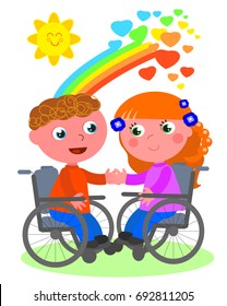 Cute couple of disabled young kids in a romantic date, vector illustration.