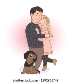 Cute couple with dog. Valentines day greeting card.  Boy and girl hugging, dog is sitting.