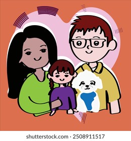 Linda pareja con perro. Ilustración vectorial en estilo de dibujos animados, Una familia con un perro. Familia feliz Ilustración de una familia feliz