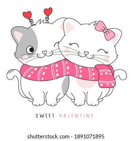 Cute couple doodle kitty for valentine's day illustration